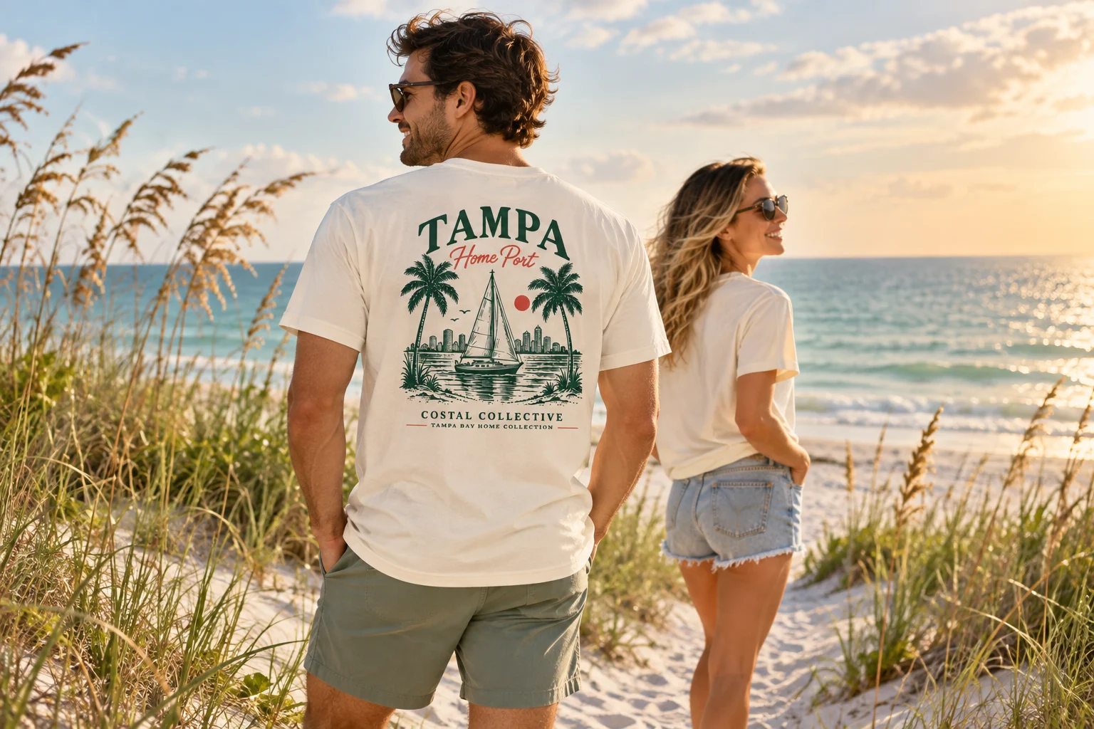 AI-created campaign image of friends wearing Costal tees by the Florida shore