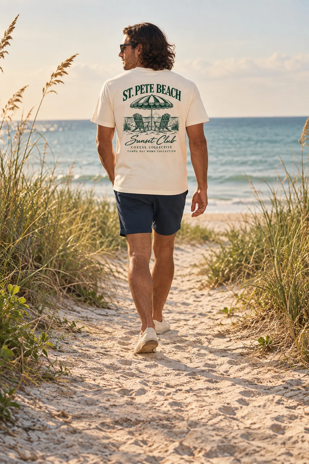 AI-created model portrait wearing the St. Pete Beach tee along a Florida dune path