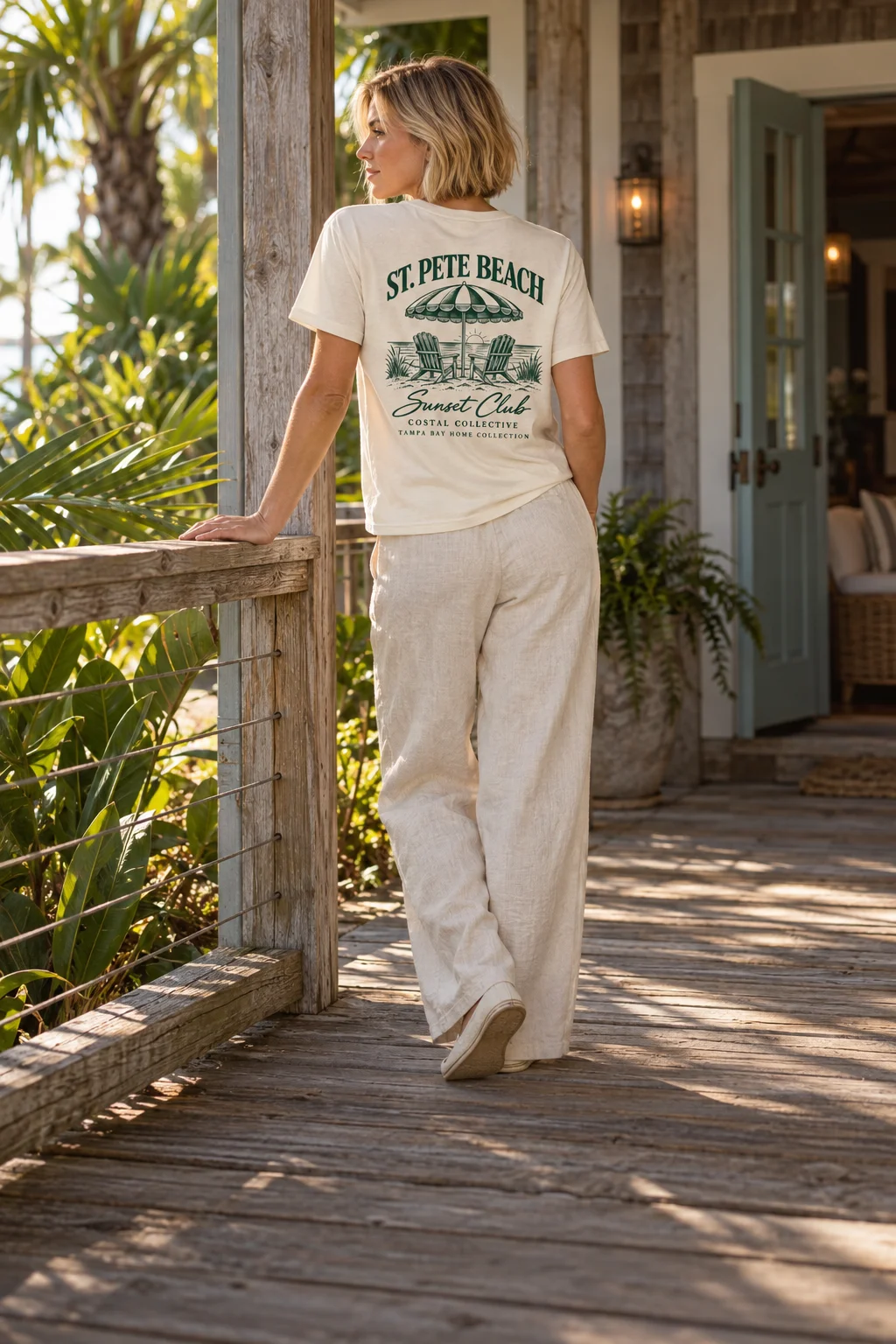 AI-created model portrait wearing the St. Pete Beach tee on a coastal cottage porch
